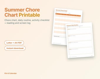 Summer Chore Chart Printable for Kids | Daily Routine, Summer Goals, Activity Checklist, Reading Log | Letter A4