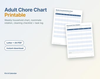 Adult Chore Chart Printable | Roommate Chore Rotation, Weekly Household Chart, Cleaning Checklist, Task Log | Letter A4