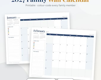 2027 Wall Calendar Printable | Family Calendar 2027 with Color Key, Monthly Calendar, Year at a Glance | Sunday & Monday Start PDF