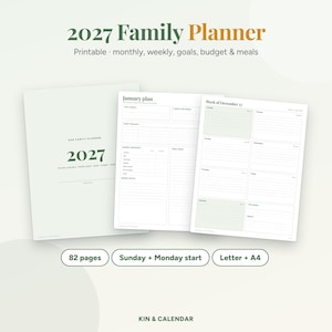 2027 Planner Printable | Family Planner with Monthly Calendar, Dated Weekly Pages, Goals, Budget & Meal Planner | Letter A4 PDF