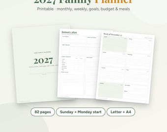 2027 Planner Printable | Family Planner with Monthly Calendar, Dated Weekly Pages, Goals, Budget & Meal Planner | Letter A4 PDF
