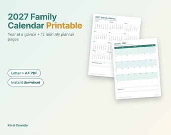2027 Family Calendar Printable | Year at a Glance, 12 Monthly Pages, Notes Space, Sunday Start | Letter A4 PDF