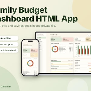 Family Budget Dashboard HTML App, Bills Tracker, Zero-Based Budget Planner, Debt Payoff, Savings Goals, Offline Digital Download