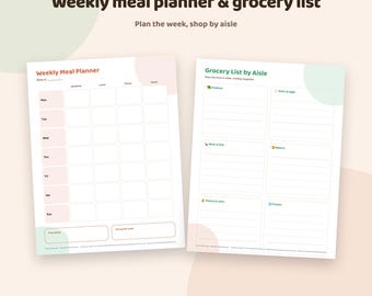 Weekly Meal Planner Printable + Grocery List | Family Meal Plan Template: Breakfast, Lunch, Dinner, Snack | Letter A4 PDF