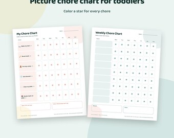 May include: Two white paper chore charts with black text and star icons. The left chart lists tasks like Make my bed and Brush teeth with icons. The right chart has blank rows for custom chores. Both include columns for days of the week.