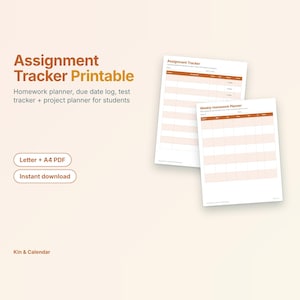 May include: Assignment Tracker Printable homework planner, due date log, test tracker, and project planner for students. Includes Letter and A4 PDF formats. Two white sheets with brown headers and grid lines for organizing school tasks.