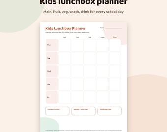 Kids Lunchbox Planner Printable | Weekly School Lunch Planner: Main, Fruit, Veg, Snack, Drink | Lunch Box Ideas Sheet | Letter A4 PDF