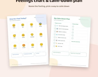 Feelings Chart for Kids Printable | Feelings Wheel, Emotions Chart with 12 Faces + Calm Down Corner Plan | Letter A4 PDF