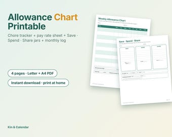 Allowance Chart Printable for Kids | Chore Pay Tracker, Save Spend Share Jars, Pocket Money Log | Letter A4