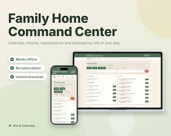 Family Home Command Center, Household Organizer, Cleaning Schedule, Home Maintenance Tracker, Family Calendar, Emergency Sheet