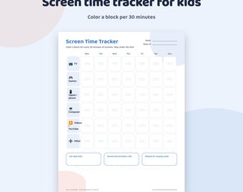 May include: A printable screen time tracker chart for kids featuring a weekly grid with columns for days of the week and rows for activity categories like TV, games, tablet, phone, computer, and videos. Includes spaces for daily limits and rewards.
