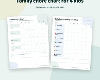 Family Chore Chart Printable for Multiple Kids | 4 Children on One Page + Daily Responsibility Checklist | Weekly Chore Chart | Letter A4