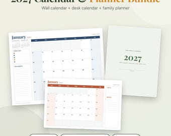 2027 Calendar and Planner Bundle | Printable Wall Calendar, Desk Calendar & Family Planner 2027 | Sunday Monday Start | Letter A4 PDF