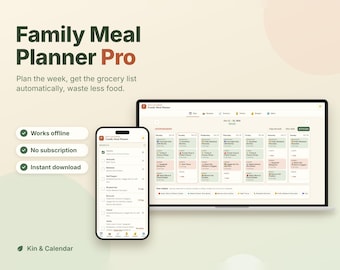 Family Meal Planner Pro App, Recipe Organizer, Auto Grocery List by Aisle, Pantry Inventory, Grocery Budget Tracker, HTML Download