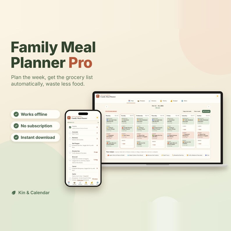 Family Meal Planner Pro App, Recipe Organizer, Auto Grocery List by Aisle, Pantry Inventory, Grocery Budget Tracker, HTML Download image 1