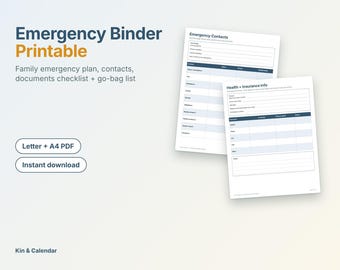 Emergency Binder Printable | Family Emergency Plan, Contacts, Important Documents Checklist, Go Bag List | Letter A4