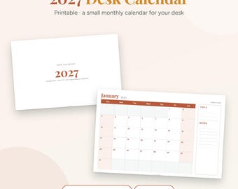 2027 Desk Calendar Printable | Mini Monthly Calendar 2027, Year at a Glance, Top 3 and Notes | Sunday and Monday Start | Letter A4 PDF