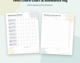 Teen Chore Chart Printable with Points + Allowance Log | Weekly Responsibilities Chart for Teens & Tweens | Chore Pay Tracker | Letter A4