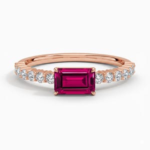 Emerald Cut Ruby Ring, 14K Rose Gold Diamond Band, East West Setting