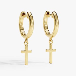 Orecchini a cerchio con croce in oro 14 carati, orecchini pendenti con croce, gioielli cristiani, orecchini religiosi minimalisti, regalo per lei, gioielli cristiani pendenti