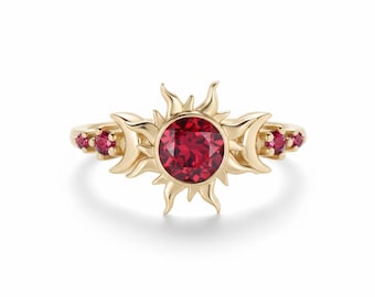 14K gouden Ruby Sunburst-ring, hemelse verlovingsring