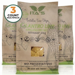 May include: Three bags of ITA's Cilantro Lime Tortilla Corn Chips. The bags are brown with green and white text and illustrations. The bags have a clear window showing the chips. The bags are labeled "Himalayan Pink Salt Restaurant Style" and "No Preservatives".