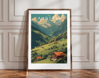 Österreich Alpen Poster - Österreichische Landschaft Wandkunst, Vintage Reisedruck