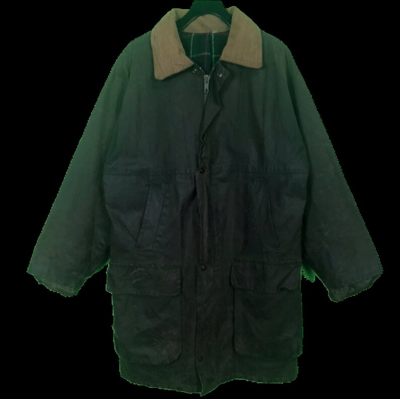 VTG 80s 90s Waxed Cotton Hunting Jacket Mens SZ L Plaid Lined Coat Green A9