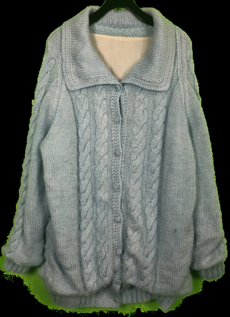 VTG 80s Lined Thick Baby Blue Wool Cable Knit Cardigan Mens SZ XL Street Wear A9