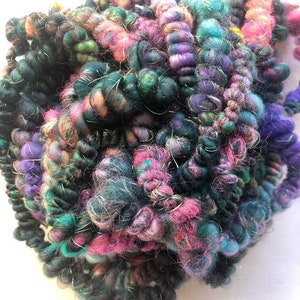 Hallo-Christmas Handspun Art Yarn with Coils in Teal, Magenta and Neon Orange Merino and Corriedale Wool, 10 yards and 2.3 ounces