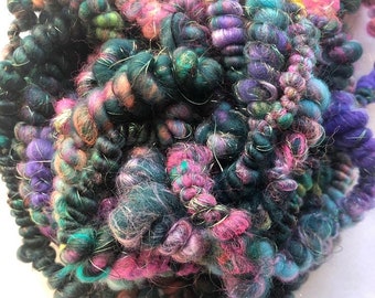 Hallo-Christmas Handspun Art Yarn with Coils in Teal, Magenta and Neon Orange Merino and Corriedale Wool, 10 yards and 2.3 ounces