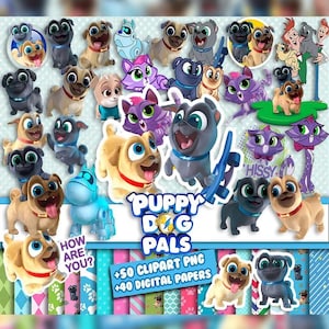 May include: A collection of Puppy Dog Pals digital art elements. The image features various cartoon puppies and cats in different poses and colors. Text includes "Puppy Dog Pals", "+50 Clipart PNG", and "+40 Digital Papers".