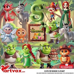 Puede incluir: Una colorida ilustración digital con personajes de Shrek, incluyendo a Shrek, Fiona y Asno. La imagen incluye un letrero de madera que dice "Shrek PNG Bundle". El fondo es una escena de bosque con varios otros personajes.