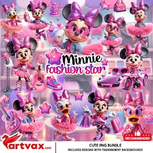 Może przedstawiać: Żywy cyfrowy kolaż przedstawiający Minnie Mouse i Daisy Duck w różnych pozach, ubrane w różowe stroje z kokardkami i akcesoriami. Obraz zawiera gitary, samochód i tekst "Minnie Fashion Star."