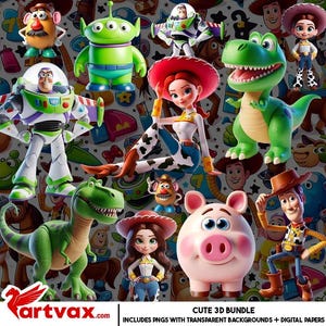 Toy Story 3D PNG-paket | Woody Buzz Lightyear Jessie sublimering | Söt Rex Hamm Alien digital nedladdning | Toy Story-karaktärer clipart