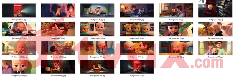 May include: A series of screenshots from the animated film "The Boss Baby". The images depict scenes with the main character, a baby in a suit, alongside other characters in diverse settings. The colour scheme is bright, with an emphasis on warm hues.