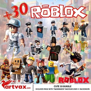 May include: A collection of 3D Roblox character figures in various outfits and poses. The image includes the Roblox logo and the text "+30 ROBLOX" and "CUTE 3D BUNDLE". The figures are in different colors and styles, with some holding accessories.
