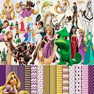 May include: A collage of illustrations and patterned papers featuring characters and elements from the animated film "Tangled." The characters include Rapunzel, Flynn Rider, Pascal, and Maximus. The patterned papers have purple, gold, and white designs.