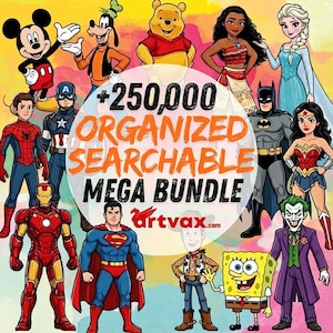 Puede incluir: Imagen vibrante con personajes de dibujos animados como Mickey Mouse, Spider-Man y Batman. El texto dice "+250,000 ORGANIZED SEARCHABLE MEGA BUNDLE" con el sitio web artvax.com. Los personajes se encuentran sobre un fondo colorido.