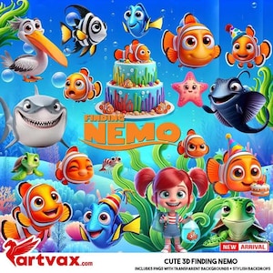 Puede incluir: Una vibrante ilustración digital con personajes de la película "Buscando a Nemo". La imagen incluye varios peces, un tiburón, una tortuga y un pastel. El texto "Finding Nemo" se muestra de forma destacada, junto con "Cute 3D Finding Nemo" y "New Arrival".
