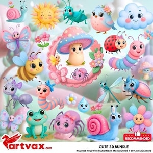 以下が含まれることがあります： 様々な昆虫や自然要素のキュートな3Dイラストのコレクション。笑顔の太陽、カタツムリ、蝶、てんとう虫、蜂、カエル、キノコ、雲が含まれています。パレットはソフトでパステルカラーで、ピンク、ブルー、イエローが使われています。
