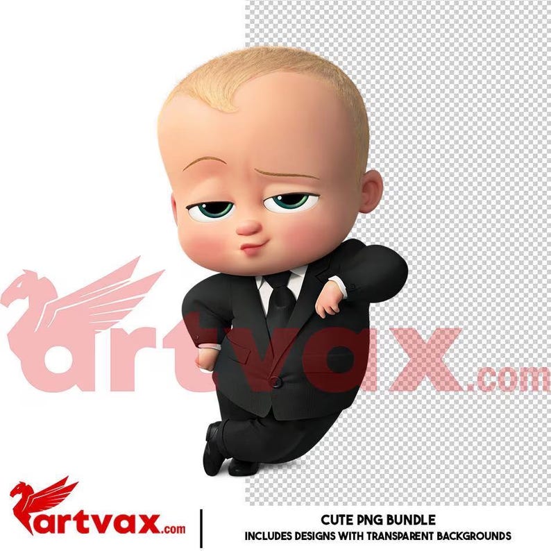 May include: A cartoon baby in a black suit and tie, with a serious expression. The baby has blonde hair and green eyes. The image includes the text "CUTE PNG BUNDLE" and "INCLUDES DESIGNS WITH TRANSPARENT BACKGROUNDS".