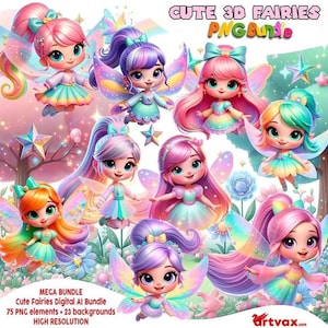 May include: A digital art bundle featuring multiple cute 3D fairies with colorful hair, wings, and dresses. The image includes text that reads "CUTE 3D FAIRIES PNG Bundle", "MEGA BUNDLE", and details about the elements and backgrounds included.