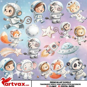 Puede incluir: Una colección de ilustraciones caprichosas con animales y un niño con trajes de astronauta, junto con elementos temáticos espaciales como un cohete, la luna y estrellas. El estilo artístico es suave y colorido, con un fondo pastel. El texto "PREMIUM ART BUNDLE" es visible.