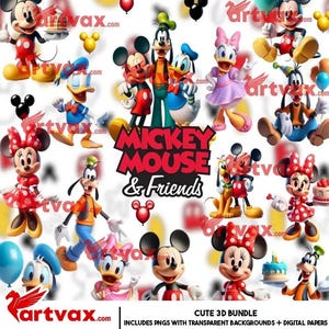 May include: A colourful digital illustration featuring Mickey Mouse, Minnie Mouse, Donald Duck, Daisy Duck, and Goofy. The characters are in 3D, surrounded by balloons and the text "Mickey Mouse & Friends." The image is a cute 3D bundle with transparent backgrounds and digital papers.