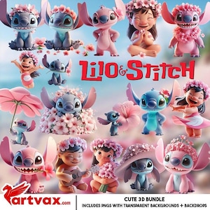 Op de afbeelding: Een verzameling 3D-geproduceerde figuren van Lilo & Stitch-personages. De figuren omvatten Stitch in verschillende poses, sommige versierd met bloemenkransen en omringd door roze bloemen. De afbeelding toont ook Lilo in verschillende poses, met de tekst "Lilo & Stitch".