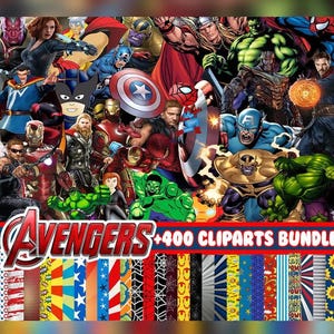 Może przedstawiać: Żywy pakiet sztuki cyfrowej z licznymi postaciami z Avengers, w tym Iron Man, Kapitan Ameryka i Hulk. Obraz zawiera tekst "AVENGERS +400 CLIPARTS BUNDLE" oraz różnorodne kolorowe tła z wzorami.