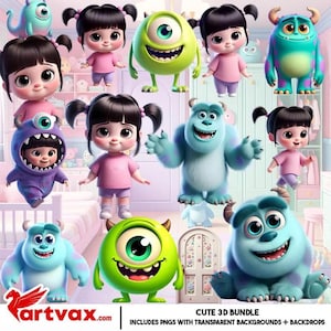 Puede incluir: Una colección de diseños de personajes 3D coloridos de la película Monstruos S.A. Los personajes incluyen a Mike Wazowski, Sulley y Boo. La imagen también incluye el texto "CUTE 3D BUNDLE".