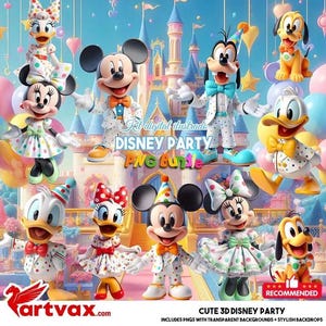 Puede incluir: Ilustración digital con personajes de Disney, como Mickey, Minnie, Donald, Daisy, Goofy y Pluto, en un ambiente festivo. Incluye el texto "DISNEY PARTY PNG Bundle" y "CUTE 3D DISNEY PARTY".