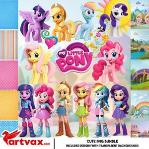以下が含まれることがあります： マイリトルポニーのキャラクターと人形をフィーチャーした、カラフルなデジタルアートバンドル。画像には、紫、黄色、ピンク、青の色合いの翼とたてがみを持つさまざまなポニーが含まれています。「my LITTLE PONY」というテキストと「CUTE PNG BUNDLE」というテキストも表示されています。